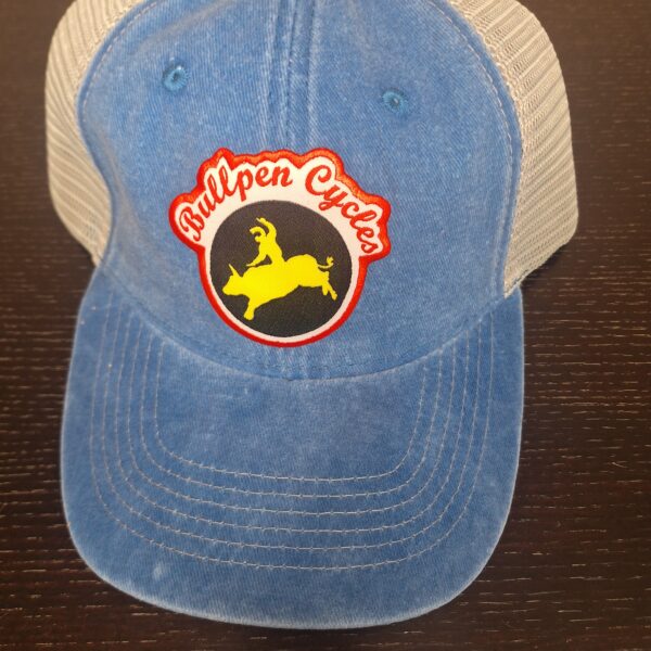 Blue trucker hat with bull rider logo