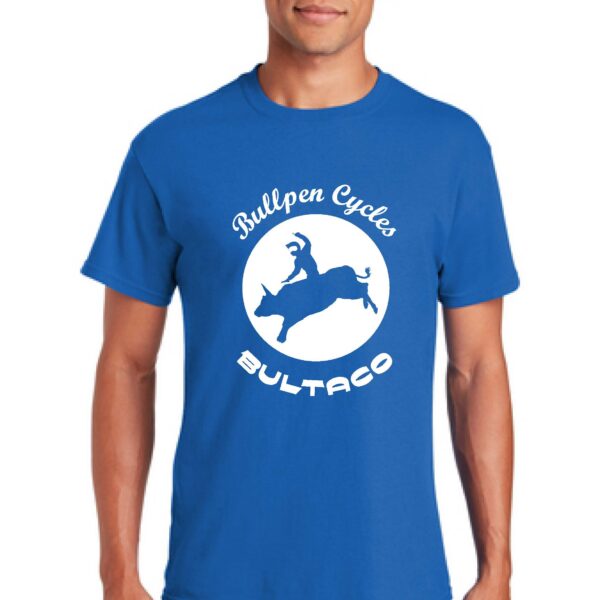Person wearing blue Bultaco logo T-shirt