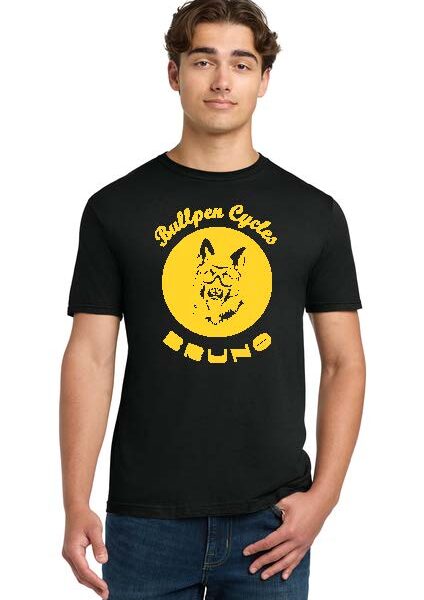 Man wearing black t-shirt with yellow wolf logo