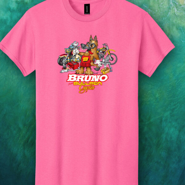 Bullpen Cycles Pink Shirt with Bruno Caricature