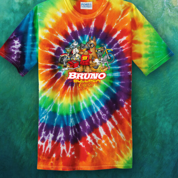 Bullpen Cycles Tye-Dye Style Shirt with Bruno Caricature